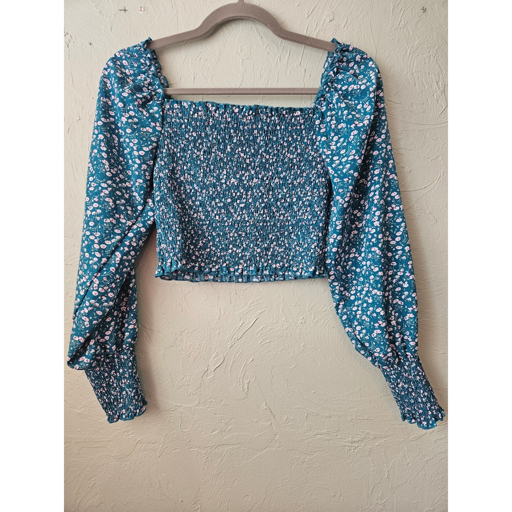 Shein Teal Floral Smocked Square‎ Neck Long Sleeve Crop Top Women's
